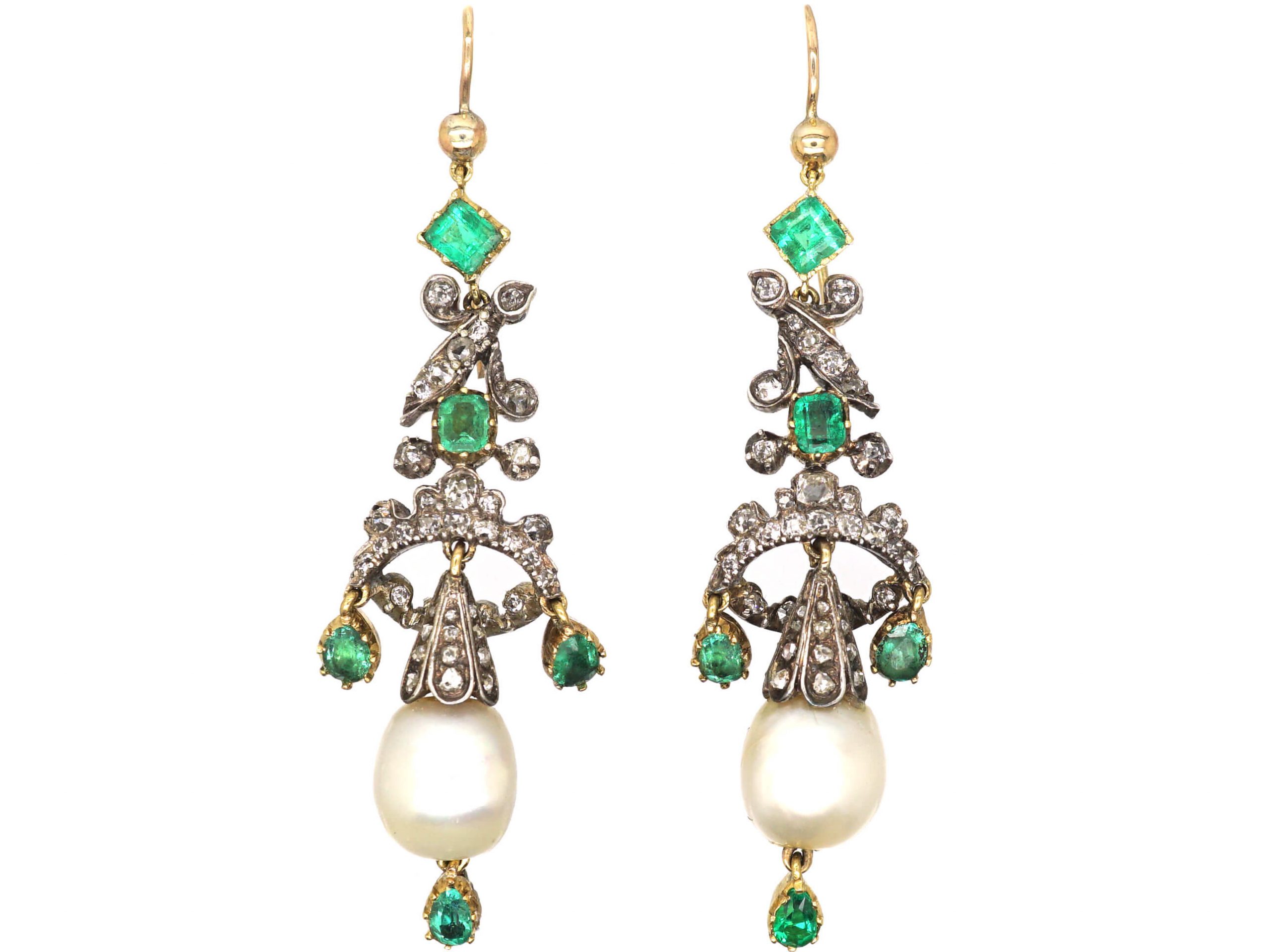 Georgian Emerald & Diamond & Natural Pearl Drop Coronet Earrings in ...