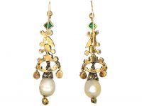 Georgian Emerald & Diamond & Natural Pearl Drop Coronet Earrings in Case