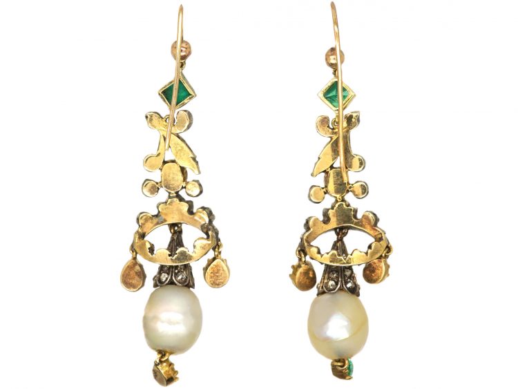 Georgian Emerald & Diamond & Natural Pearl Drop Coronet Earrings in ...