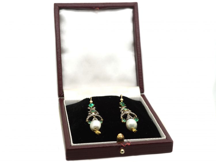 Georgian Emerald & Diamond & Natural Pearl Drop Coronet Earrings in Case