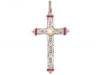 French Early 20th Century 18ct Gold & Platinum Cross set with Rose Diamonds, Rubies & a Natural Pearl in Original Case