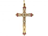 French Early 20th Century 18ct Gold & Platinum Cross set with Rose Diamonds, Rubies & a Natural Pearl in Original Case