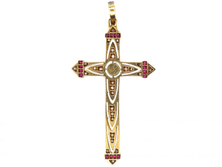 French Early 20th Century 18ct Gold & Platinum Cross set with Rose Diamonds, Rubies & a Natural Pearl in Original Case