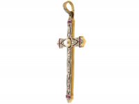 French Early 20th Century 18ct Gold & Platinum Cross set with Rose Diamonds, Rubies & a Natural Pearl in Original Case