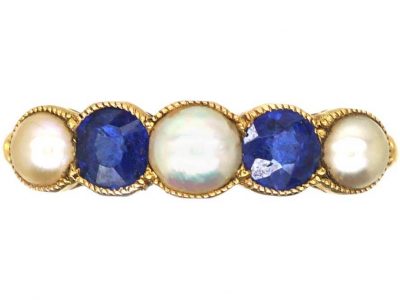Edwardian 18ct Gold, Five Stone Sapphire & Natural Split Pearl Ring