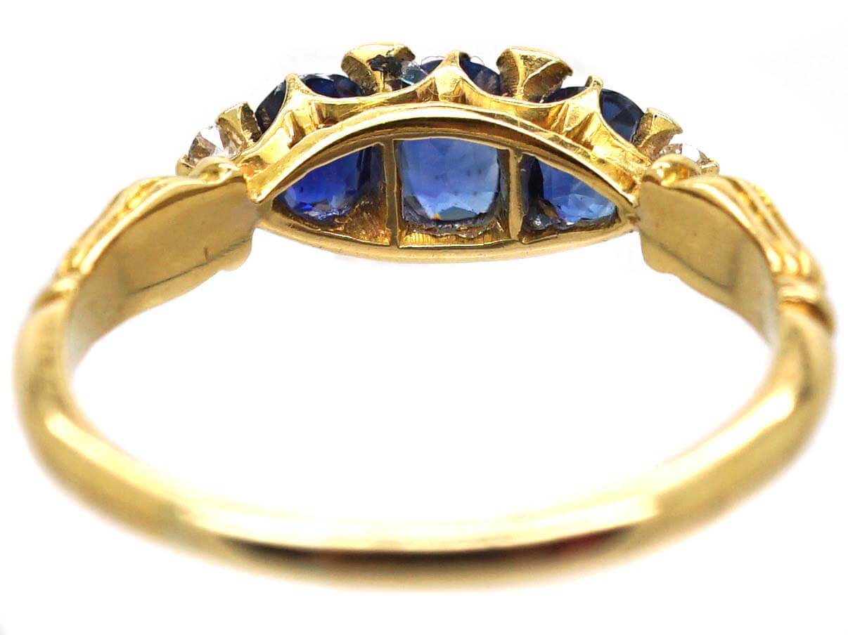 Edwardian 18ct Gold, Three Stone Sapphire Ring With Diamond Points 