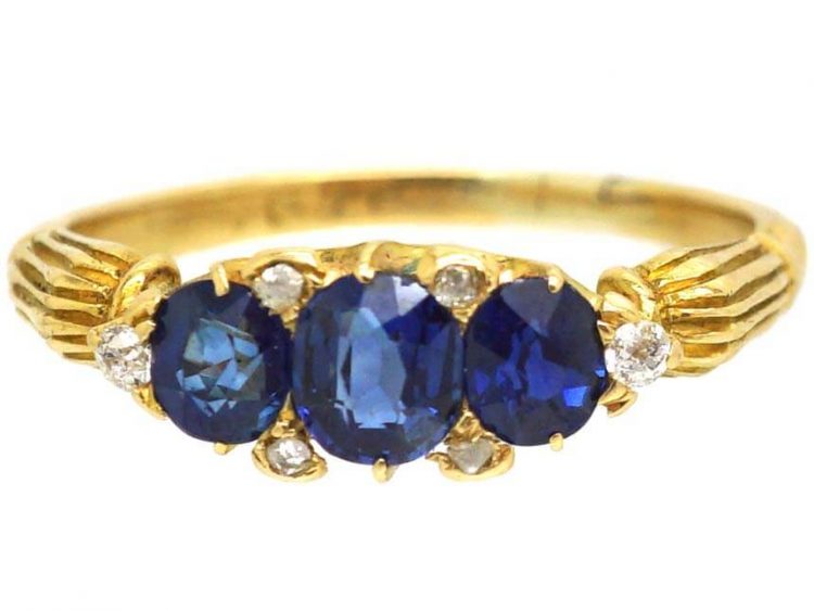 Edwardian 18ct Gold, Three Stone Sapphire Ring with Diamond Points
