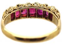 Victorian 18ct Gold Seven Stone Ruby Carved Half Hoop Ring with Diamond Points