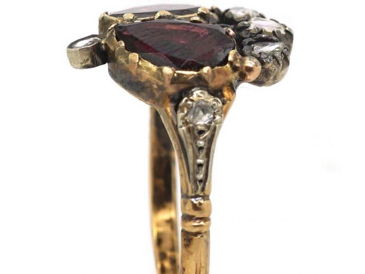 Georgian Double Heart Ring set with Garnets & Rose Diamonds
