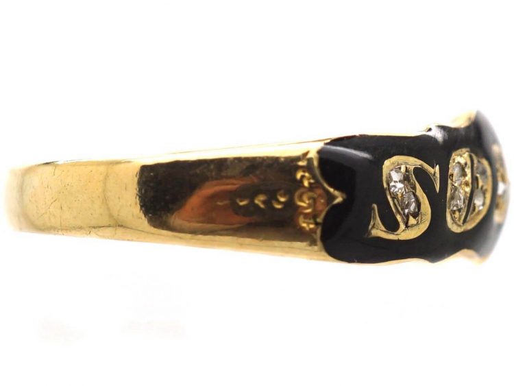 Early Victorian 18ct Gold & Black Enamel Souvenir Ring set with Rose Diamonds