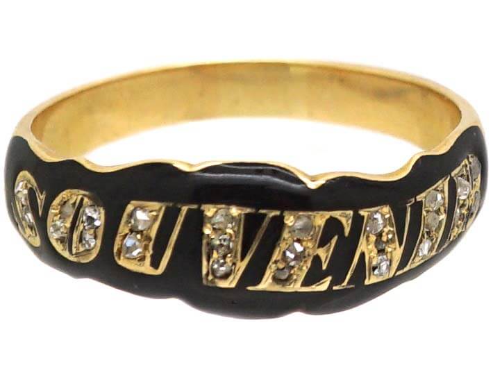 Early Victorian 18ct Gold & Black Enamel Souvenir Ring set with Rose Diamonds