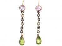 Edwardian 9ct Gold & Silver Suffragette Earrings set with Amethysts, Rose Diamonds, Natural Split Pearls & Peridots