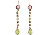 Edwardian 9ct Gold & Silver Suffragette Earrings set with Amethysts, Rose Diamonds, Natural Split Pearls & Peridots