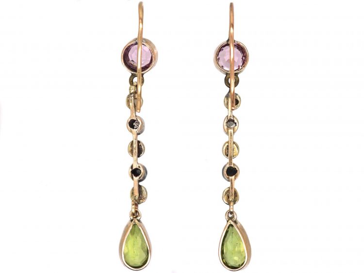 Edwardian 9ct Gold & Silver Suffragette Earrings set with Amethysts, Rose Diamonds, Natural Split Pearls & Peridots