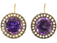 Victorian 15ct Gold, Amethyst & Natural Split Pearl Round Earrings