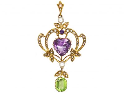Edwardian 9ct Gold & Silver Suffragette Earrings set with Amethysts, Rose Diamonds, Natural Split Pearls & Peridots
