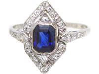 Art Deco Platinum Hexagonal Shaped Ring set with a Sapphire & Diamonds