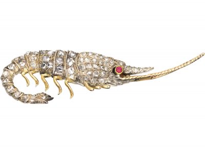 Victorian Brooch of a Shrimp set with rose Diamonds & a Cabochon Ruby in Original Case