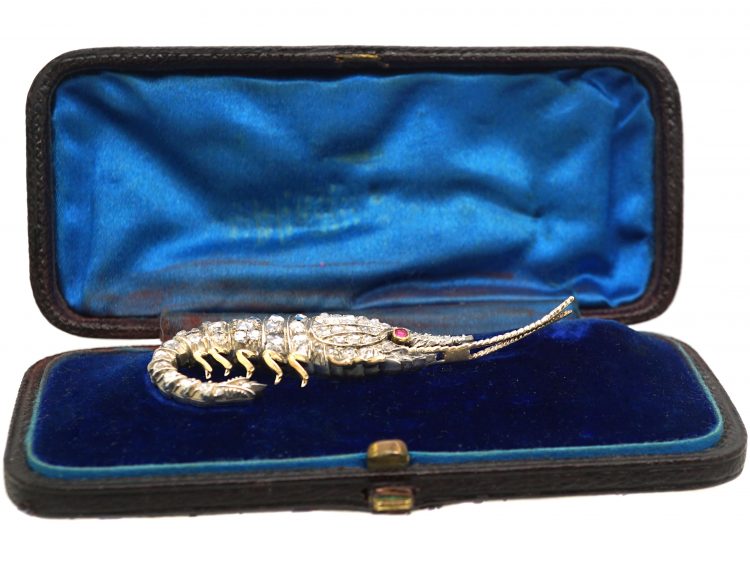 Victorian Brooch of a Shrimp set with rose Diamonds & a Cabochon Ruby in Original Case