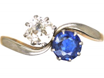 Edwardian 18ct Gold & Platinum Crossover Ring set with a Sapphire & Diamond