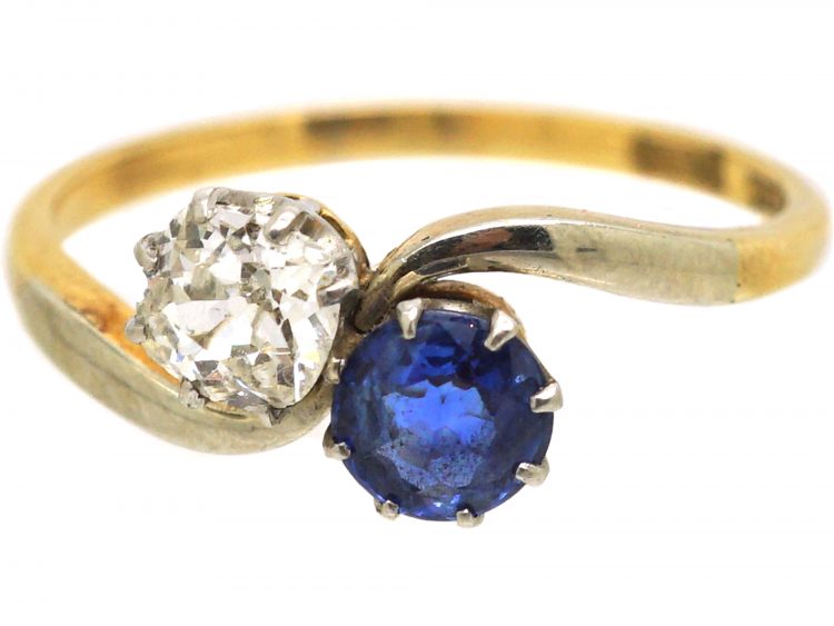 Edwardian 18ct Gold & Platinum Crossover Ring set with a Sapphire & Diamond