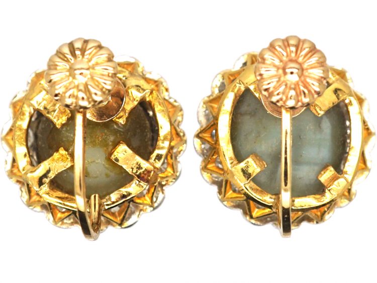 Early 20th Century 18ct Gold, Cats Eye Chrysoberyl & Diamond Cluster Earrings