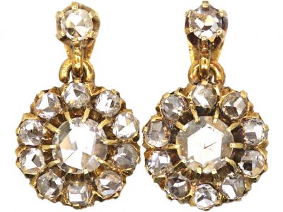 Edwardian 18ct Gold Rose Diamond Cluster Drop Earrings
