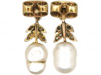 Edwardian 15ct Gold, Rose Diamond & Baroque Pearl Acorn Drop Earrings