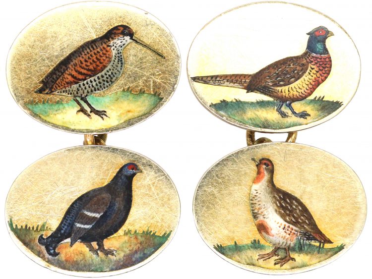 Mid 20th Century 9ct Gold & Enamel Cufflinks of Game Birds by Cropp & Farr