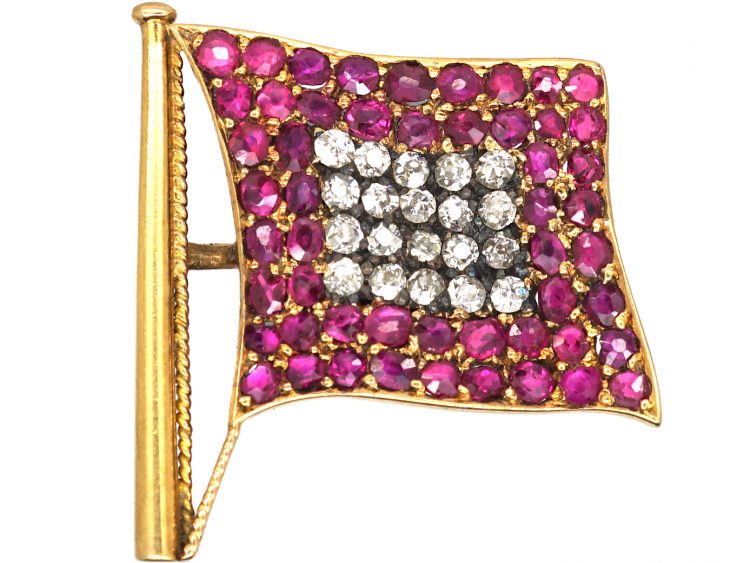 18ct Gold, World War II German Kriegsmarine Semaphore Flag Brooch set with Rubies & Diamonds