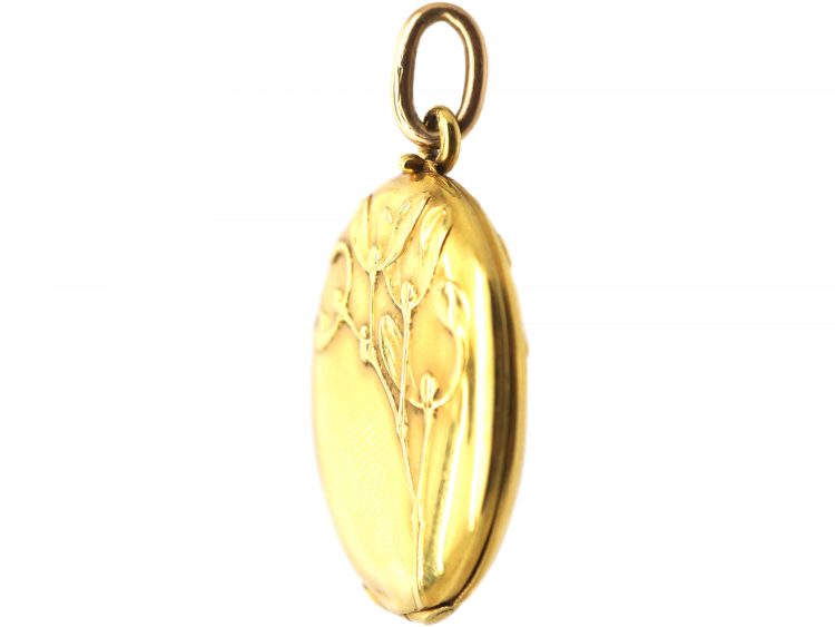 Art Nouveau 14ct Gold Locket with Mistletoe Motif