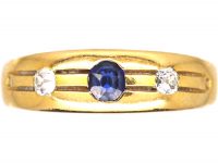 Victorian 18ct Gold, Sapphire & Diamond Three Stone Ring with Line Detail