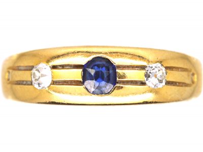 Victorian 18ct Gold, Sapphire & Diamond Three Stone Ring with Line Detail