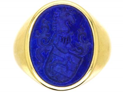 Early 20th Century Signet Ring with a Lapis Intaglio of Horses & Shield