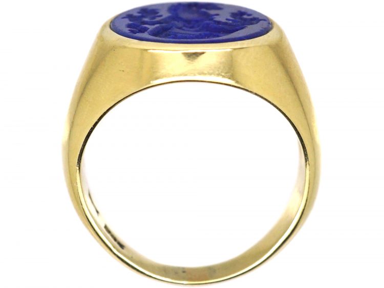 Early 20th Century Signet Ring with a Lapis Intaglio of Horses & Shield
