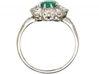 Edwardian Platinum, Emerald & Diamond Cluster Ring with Diamond Set Shoulders