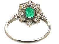 Edwardian Platinum, Emerald & Diamond Cluster Ring with Diamond Set Shoulders