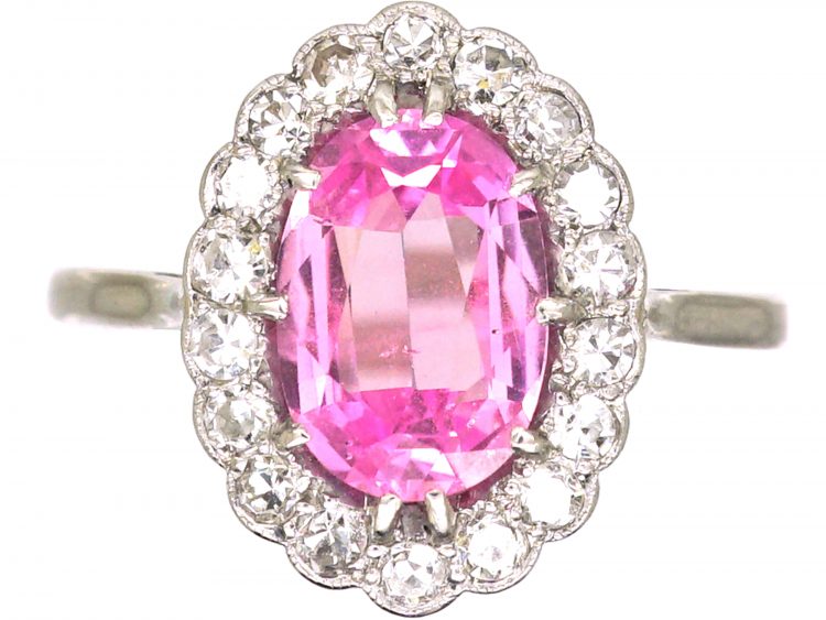 Edwardian Platinum, Pink Sapphire & Diamond Oval Cluster Ring