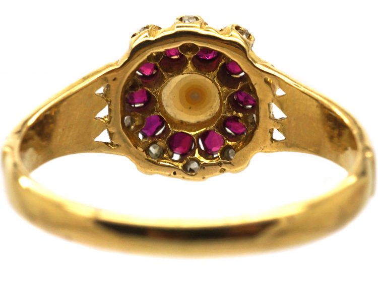 Edwardian 18ct Gold, Natural Pearl, Ruby & Rose Diamond Cluster Ring
