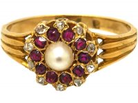 Edwardian 18ct Gold, Natural Pearl, Ruby & Rose Diamond Cluster Ring