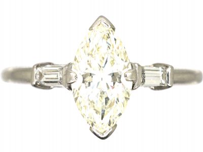Art Deco Platinum Marquise Diamond Ring with Baguette Diamond Shoulders