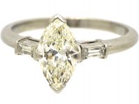 Art Deco Platinum Marquise Diamond Ring with Baguette Diamond Shoulders