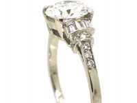 Art Deco Platinum, Diamond Solitaire Ring with Baguette & Round Diamond set Shoulders