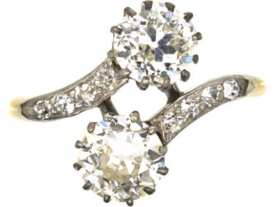 Edwardian 18ct Gold & Platinum, Two Stone Diamond Crossover Ring with Diamond Set Shoulders