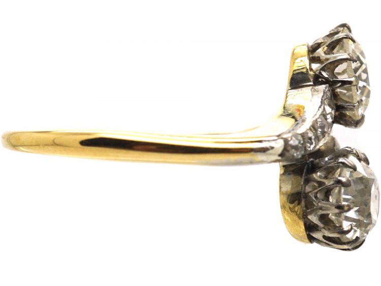 Edwardian 18ct Gold & Platinum, Two Stone Diamond Crossover Ring with Diamond Set Shoulders