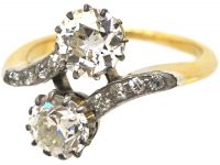 Edwardian 18ct Gold & Platinum, Two Stone Diamond Crossover Ring with Diamond Set Shoulders