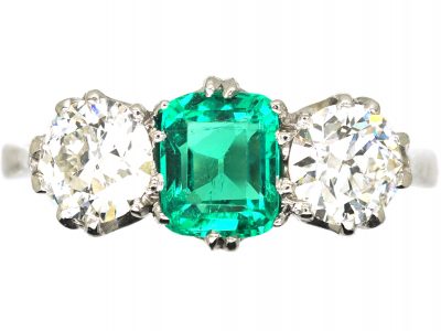 Early 20th Century 18ct White Gold & Platinum, Emerald & Diamond Three Stone Ring