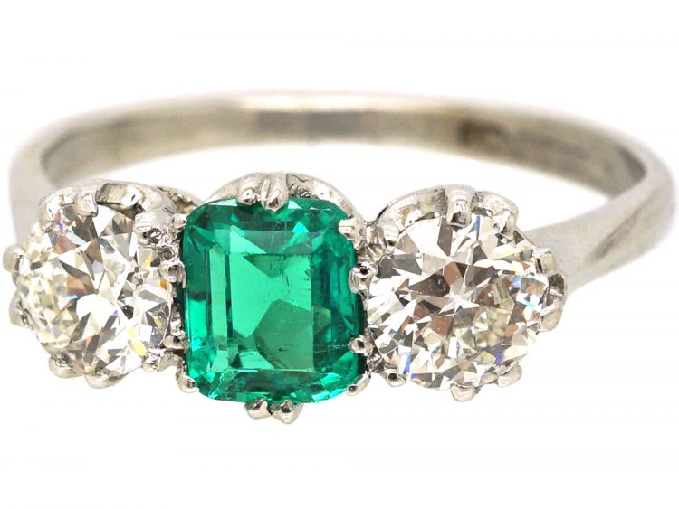 Early 20th Century 18ct White Gold & Platinum, Emerald & Diamond Three Stone Ring