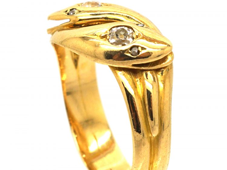 Edwardian 18ct Gold Double Snake Ring set with Diamonds