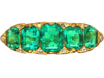 Victorian 18ct Gold, Five Stone Emerald Carved Half Hoop Ring